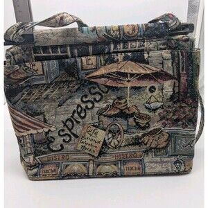 Toby Weston French Cafe Scene Tapestry Shoulder Bag Floral Lining Vintage Purse
